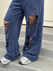 Muchica Plus Size Women Plain Grey Ripped Design Sweatpants,Plus Size Casual Elastic Waist Grunge Pants For Rave,Autumn,Daily Commute,Party,Y2k,Sports Style - Navy Blue - View 3