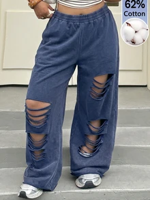 Muchica Plus Size Women Plain Grey Ripped Design Sweatpants,Plus Size Casual Elastic Waist Grunge Pants For Rave,Autumn,Daily Commute,Party,Y2k,Sports Style - Navy Blue - View 5
