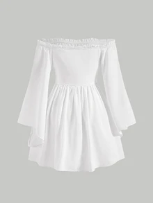 SHEIN MOD Cold Shoulder Frill Trim Flounce Sleeve Bell Sleeves White Dress, Graduation Dress,Halloween Christmas Party - White - View 2