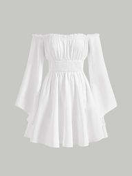 SHEIN MOD Vit klänning med bar axel, volangkant, flounce-ärm och klockärm, examensklänning, Halloween