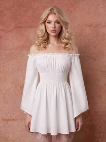 SHEIN MOD Cold Shoulder Frill Trim Flounce Sleeve Bell Sleeves White Dress, Graduation Dress,Halloween Christmas Party - White - View 6