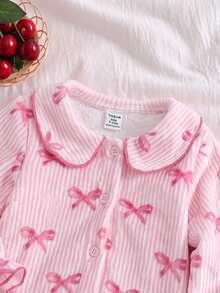 SHEIN Baby Girl Bow Pattern Long Sleeve Single-Breasted Top And Pants Loungewear Set Autumn - Pink - View 9