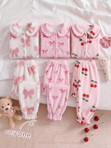 SHEIN Baby Girl Bow Pattern Long Sleeve Single-Breasted Top And Pants Loungewear Set Autumn - Pink - View 3