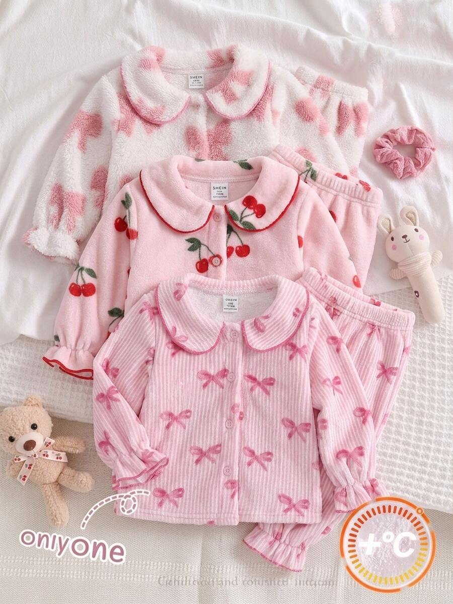 SHEIN Baby Girl Bow Pattern Long Sleeve Single-Breasted Top And Pants Loungewear Set Autumn - Pink - View 1