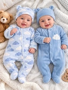1pc Autumn/Winter Newborn Knitted Comfortable Soft Double-Sided Fleece All-Over Print Cute Playful Pattern Loungewear, Home Wear, Versatile Fashion, Best Choice, Best Gift For Newborn - Multicolor - View 2