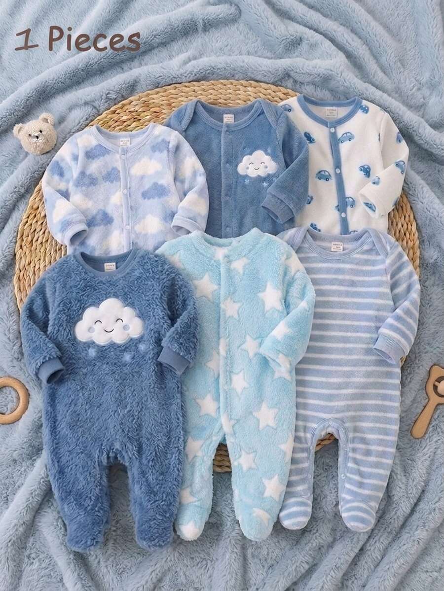 1pc Autumn/Winter Newborn Knitted Comfortable Soft Double-Sided Fleece All-Over Print Cute Playful Pattern Loungewear, Home Wear, Versatile Fashion, Best Choice, Best Gift For Newborn - Multicolor - View 1