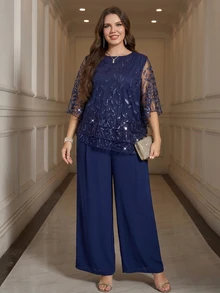 Reflora Plus Size Women's Elegant 2 Pieces Set With Floral Sequin Embroidered Mesh Top And Wide Leg Pants - Navy Blue - View 2