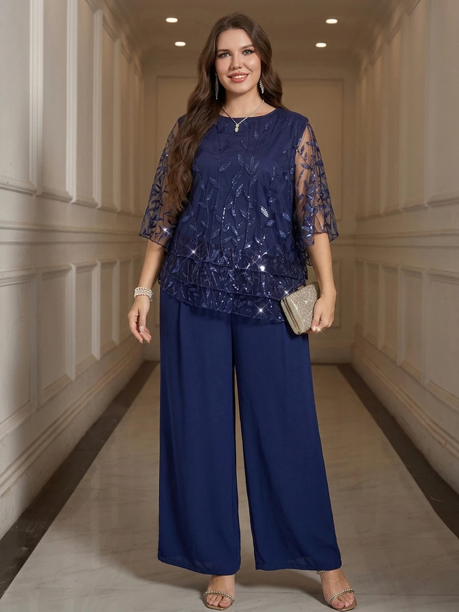 Reflora Plus Size Women's Elegant 2 Pieces Set With Floral Sequin Embroidered Mesh Top And Wide Leg Pants