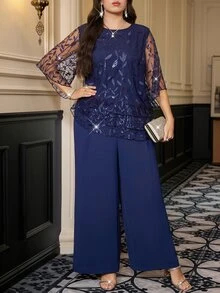 Reflora Plus Size Women's Elegant 2 Pieces Set With Floral Sequin Embroidered Mesh Top And Wide Leg Pants - Navy Blue - View 8