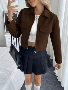 SHEIN 女款休閒學院風百搭純色短版夾克，秋季日常上學穿搭，咖啡棕色 - 咖啡棕 - 查看 7