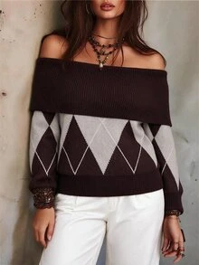 Linhara CURVE 1pc Women Plus Size One-Word Collar Diamond Lattice Vintage Casual Long Sleeve Knit Pullover Sweater, Suitable For Daily Commute And Dating, Spring And Autumn - Multicolor - View 1