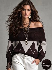 Linhara CURVE 1pc Women Plus Size One-Word Collar Diamond Lattice Vintage Casual Long Sleeve Knit Pullover Sweater, Suitable For Daily Commute And Dating, Spring And Autumn - Multicolor - View 4