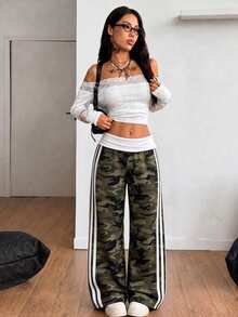 Coolane 女款休閒拼接撞色百搭日常長褲，軍綠迷彩圖案褲，休閒極簡運動街頭風百搭派對聚會機場穿搭 Y2K 上衣，女款秋季服飾，秋季穿搭，女款通勤穿搭，百搭長褲，外出穿搭，機場穿搭 - 彩色 - 查看 5