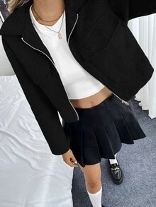 SHEIN 女款休閒純色落肩寬鬆翻蓋口袋拉鍊外套，秋季布料，適合日常與校園穿著，黑色 - 黑色 - 查看 8