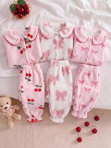 SHEIN 2pcs/Set Pink And Red Fluffy Cherry Pattern Pajamas For Baby Girls Home Family Fall Cute Matching - Pink - View 2