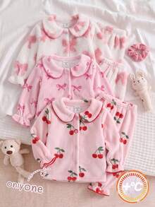SHEIN 2pcs/Set Pink And Red Fluffy Cherry Pattern Pajamas For Baby Girls Home Family Fall Cute Matching - Pink - View 1