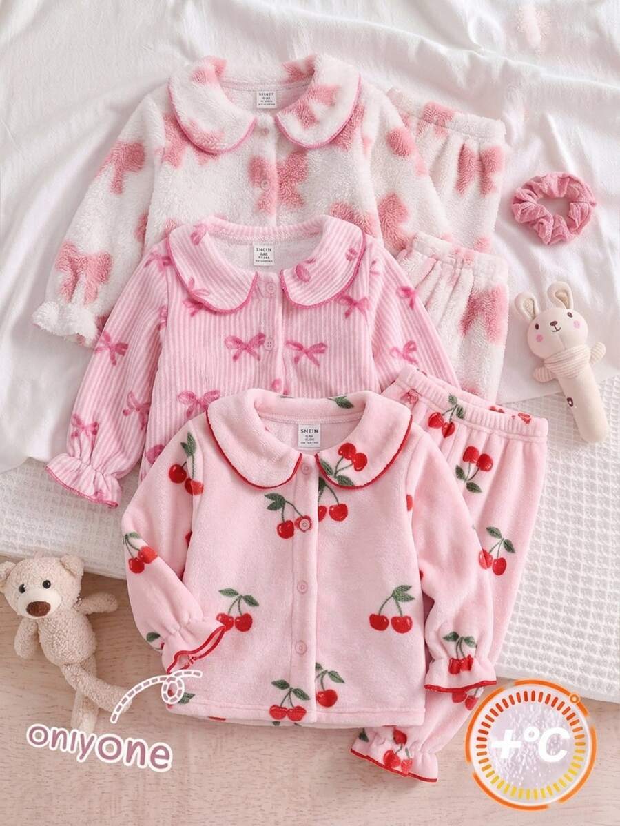 SHEIN 2pcs/Set Pink And Red Fluffy Cherry Pattern Pajamas For Baby Girls Home Family Fall Cute Matching - Pink - View 1