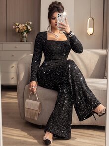 Roveilla Plus Size Black Silver Glitter Evening Jumpsuit With Square Neckline, Long Sleeves, Cinched Waist, Straight Leg Pants For Party Night Fall Christmas - Black - View 7