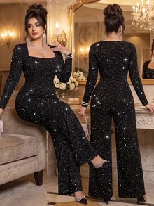 Roveilla Plus Size Black Silver Glitter Evening Jumpsuit With Square Neckline, Long Sleeves, Cinched Waist, Straight Leg Pants For Party Night Fall Christmas - Black - View 1