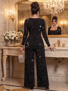 Roveilla Plus Size Black Silver Glitter Evening Jumpsuit With Square Neckline, Long Sleeves, Cinched Waist, Straight Leg Pants For Party Night Fall Christmas - Black - View 2