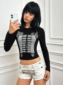 CHAOSSORY CHAOSSORY Dark Gothic 90s Y2k Punk Style Napoleon Button Corset Pattern Short Slim Fit Long Sleeve Top Halloween Night Black And White Fall - Black - View 3
