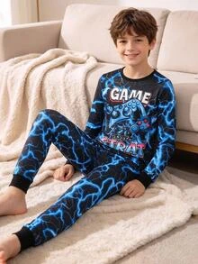 SHEIN 2pcs Kids Tween Boy Casual Daily Comfortable Game Console Fluorescent Pattern Crew Neck Pullover Pajama Top & Pants Knit Loungewear Tight Fit Set - Black - View 7