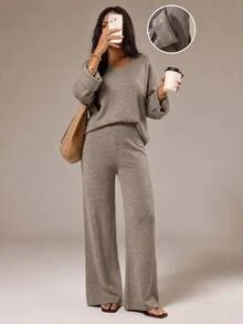 SHEIN طقم نسائي من كنزة بياقة على شكل حرف V وأكمام واسعة مزينة بالتفاصيل مع بنطال - بيج - مشاهدة 8