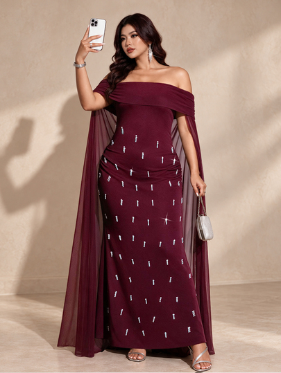 Cravure Plus Size Women's Burgundy Shawl Party Wedding Formal Evening Mermaid Tail Elegant Romantic Dress Summer Christmas