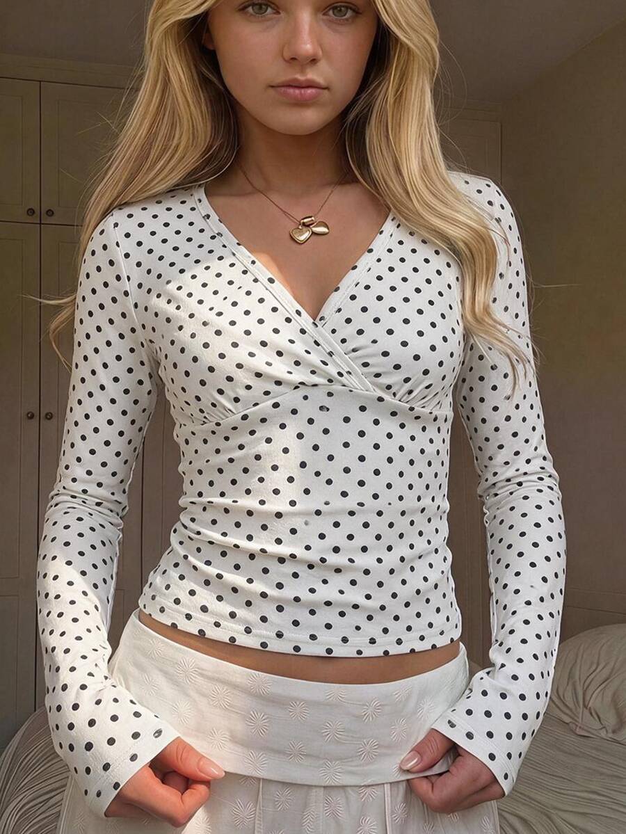 Teen Girls V-Neck Long Sleeve Casual Cute Versatile T-Shirt - White - View 1