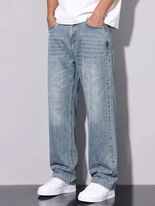 QuarKem Men's Light Wash Blue Denim Jeans Slim Straight Leg Pants - Light Wash - View 5