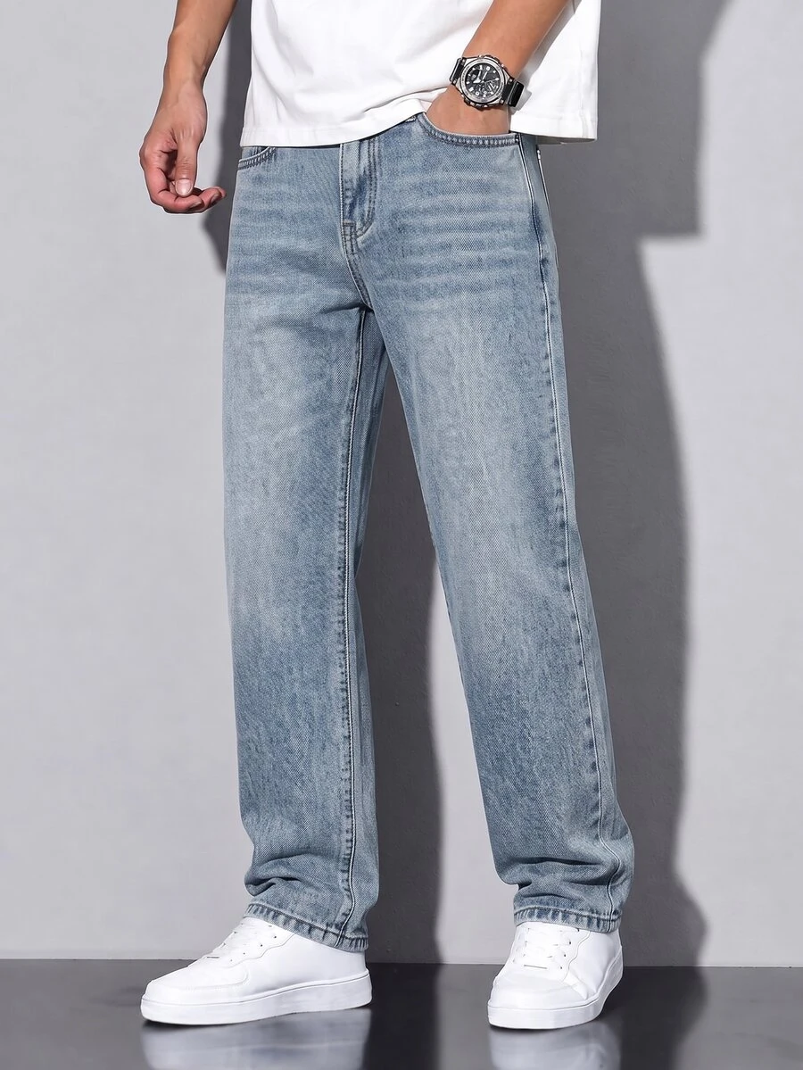 QuarKem Men's Light Wash Blue Denim Jeans Slim Straight Leg Pants - Light Wash - View 1