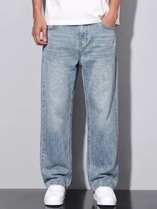 QuarKem Men's Light Wash Blue Denim Jeans Slim Straight Leg Pants - Light Wash - View 3