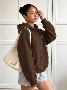 SHEIN Autumn/Winter Girls' Hooded Zip-Up Jacket - Mixed Street Style, Sweatshirt, Fall Clothes, Cold-Resistant Knit Fabric Suitable For Autumn/Winter - Brown - View 3
