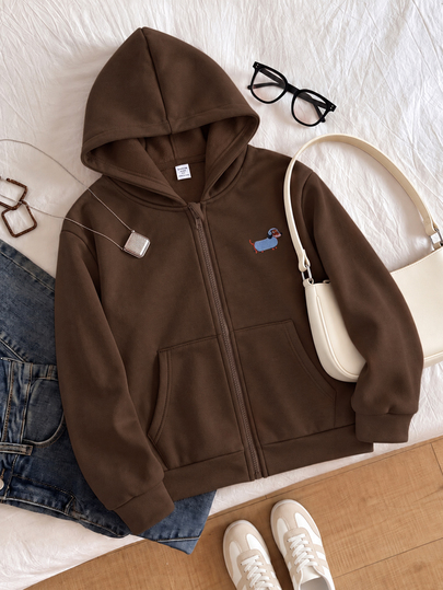 SHEIN Chaqueta con capucha y cremallera para niñas - Estilo callejero mixto, sudadera, ropa de otoño, tela de punto resistente al frío adecuada para otoño/invierno