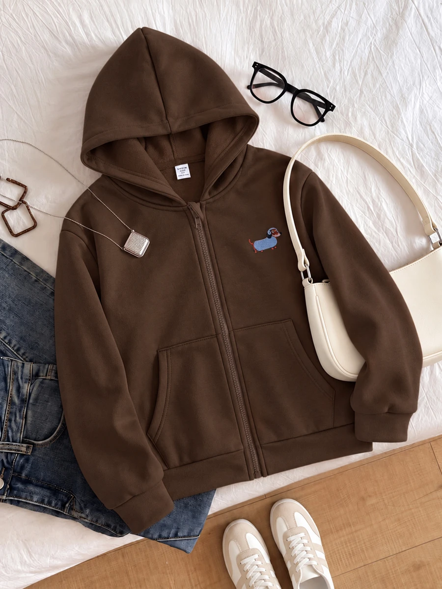 SHEIN Autumn/Winter Girls' Hooded Zip-Up Jacket - Mixed Street Style, Sweatshirt, Fall Clothes, Cold-Resistant Knit Fabric Suitable For Autumn/Winter - Brown - View 1