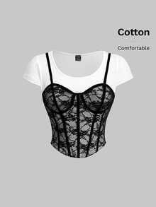 SHEIN MOD Seductive White Floral Lace Women's T-Shirt,Summer Striped Fishbone Bustier Top 2 In 1,Party Night Wedding Old Money Western Short Sleeve - Black and White - View 7