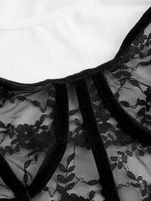 SHEIN MOD Seductive White Floral Lace Women's T-Shirt,Summer Striped Fishbone Bustier Top 2 In 1,Party Night Wedding Old Money Western Short Sleeve - Black and White - View 3