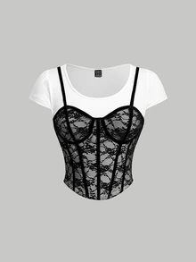 SHEIN MOD Seductive White Floral Lace Women's T-Shirt,Summer Striped Fishbone Bustier Top 2 In 1,Party Night Wedding Old Money Western Short Sleeve - Black and White - View 5