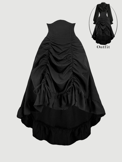 SHEIN MOD Women's High Waist Asymmetrical Hem Skirt,Black Winter 70s Goth Party Gothic Skirt,Adjustable Length Ruffle Trim Pleated Front Reversible Retro Design