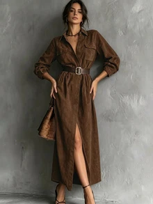 Breezaya Đầm dài nữ tay dài thiết kế cúc, phong cách thường ngày, đi chơi, du lịch, dễ phối đồ, màu trơn, đi làm - màu nâu - Xem 5