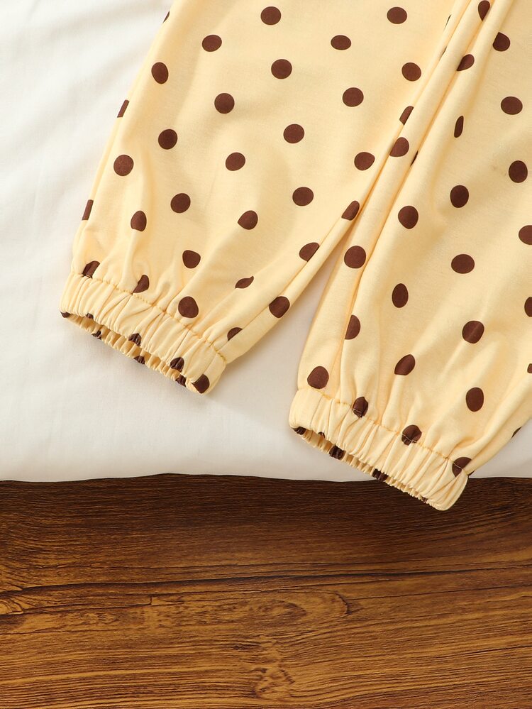 SHEIN Toddler Girls Retro Polka Dot Warm 2Pcs Set, Milk Yellow Zip Stand Collar Jacket & Joggers, Stylish Versatile Fall Winter Outfit - Yellow - View 6