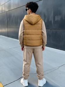SHEIN 3件組兒童青少年男孩字母印花針織抓絨軟帽長袖套頭衛衣、彈性腰長褲、無袖背心，適合室內、通勤、上學、日常休閒、運動，適合秋冬與春夏 - 卡其色 - 查看 6
