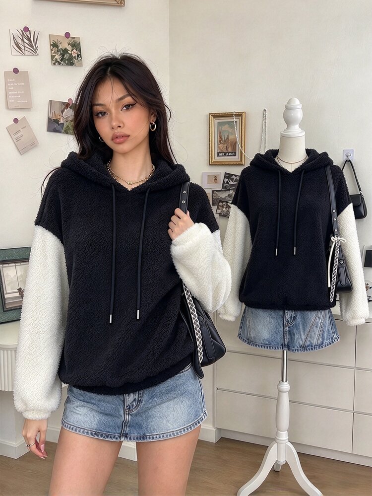 Lalippa Black And White Contrast Color Plush Hooded Sweatshirt For Women, Loose Casual Drawstring Drop Shoulder Long Sleeve Pullover Top - Multicolor - View 1