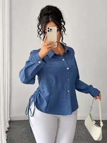 Elenzga Plus Size Women's Blue Textured Lapel Long Sleeve Shirt, Spring/Autumn Commute Slimming Double Cinched Waist Asymmetrical Pointed Hem Top, Plus Size Outerwear Inner Layer Versatile Elegant Party Date Blouse - Dusty Blue - View 8