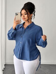 Elenzga Plus Size Women's Blue Textured Lapel Long Sleeve Shirt, Spring/Autumn Commute Slimming Double Cinched Waist Asymmetrical Pointed Hem Top, Plus Size Outerwear Inner Layer Versatile Elegant Party Date Blouse - Dusty Blue - View 5
