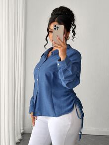 Elenzga Plus Size Women's Blue Textured Lapel Long Sleeve Shirt, Spring/Autumn Commute Slimming Double Cinched Waist Asymmetrical Pointed Hem Top, Plus Size Outerwear Inner Layer Versatile Elegant Party Date Blouse - Dusty Blue - View 6