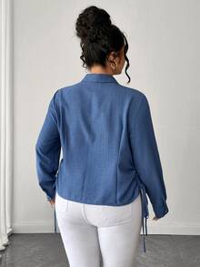 Elenzga Plus Size Women's Blue Textured Lapel Long Sleeve Shirt, Spring/Autumn Commute Slimming Double Cinched Waist Asymmetrical Pointed Hem Top, Plus Size Outerwear Inner Layer Versatile Elegant Party Date Blouse - Dusty Blue - View 3