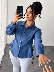 Elenzga Plus Size Women's Blue Textured Lapel Long Sleeve Shirt, Spring/Autumn Commute Slimming Double Cinched Waist Asymmetrical Pointed Hem Top, Plus Size Outerwear Inner Layer Versatile Elegant Party Date Blouse - Dusty Blue - View 1