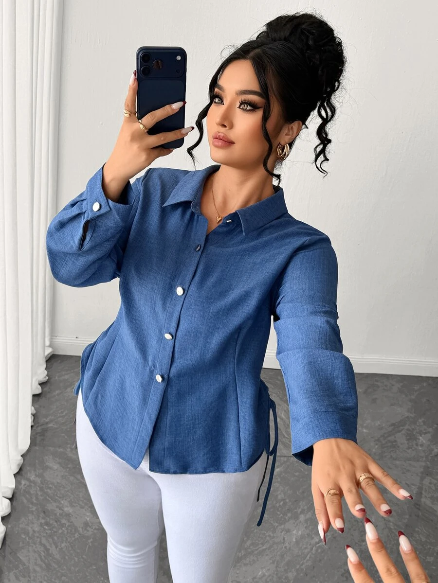 Elenzga Plus Size Women's Blue Textured Lapel Long Sleeve Shirt, Spring/Autumn Commute Slimming Double Cinched Waist Asymmetrical Pointed Hem Top, Plus Size Outerwear Inner Layer Versatile Elegant Party Date Blouse - Dusty Blue - View 1