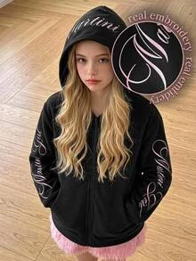 SHEIN 青少年女孩秋冬日常街頭風精緻英文字母標語刺繡連帽拉鍊寬鬆抓絨外套，黑色 Y2K 粉色 - 黑色 - 查看 1